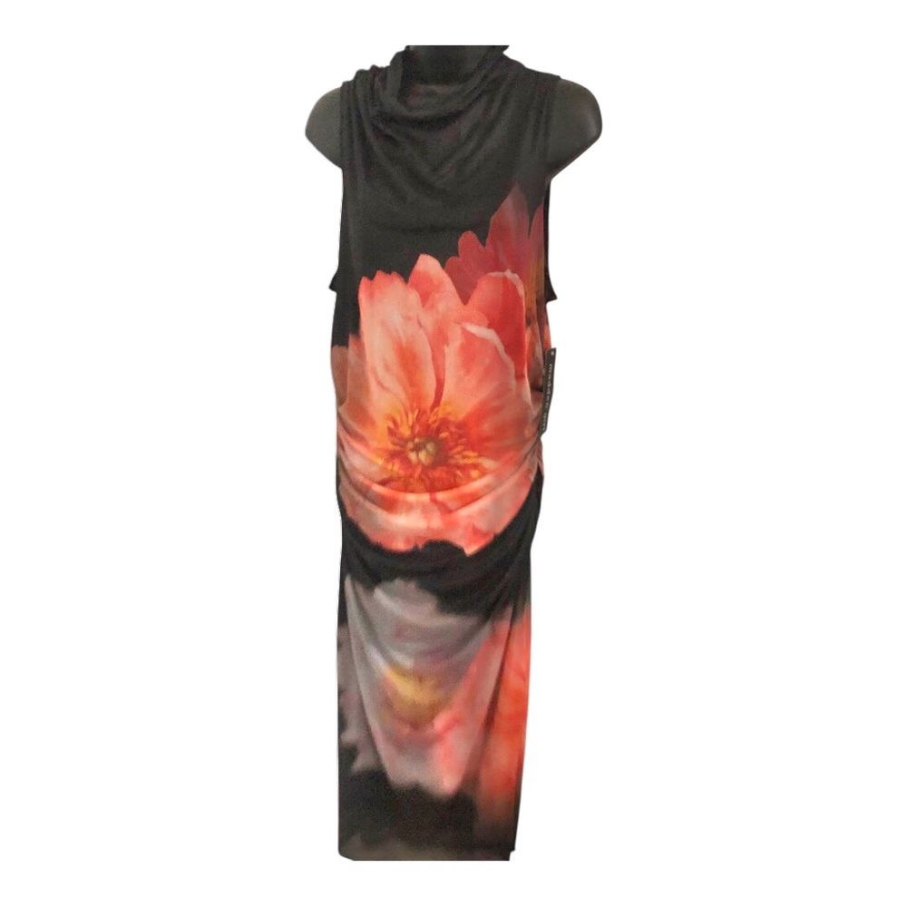 Madden Girl Black‎ mesh orange oversized flower printed shirred mockneck dress